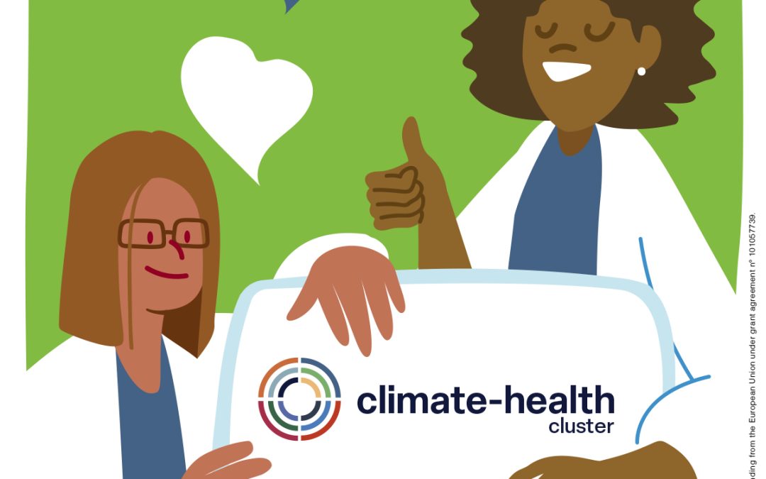 Artwork created to announce the release of the Climate-Health Cluster's website, formed by the 6 EU-funded projects BlueAdapt, CATALYSE, CLIMOS, HIGH Horizons, IDAlert and TRIGGER.
