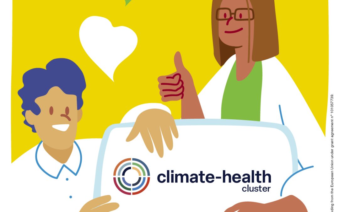 Artwork created to announce the release of the Climate-Health Cluster's website, formed by the 6 EU-funded projects BlueAdapt, CATALYSE, CLIMOS, HIGH Horizons, IDAlert and TRIGGER.